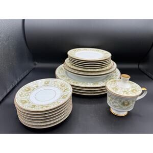 21pc Assorted Set of Sango Savannah 3723 Green Gold Floral China